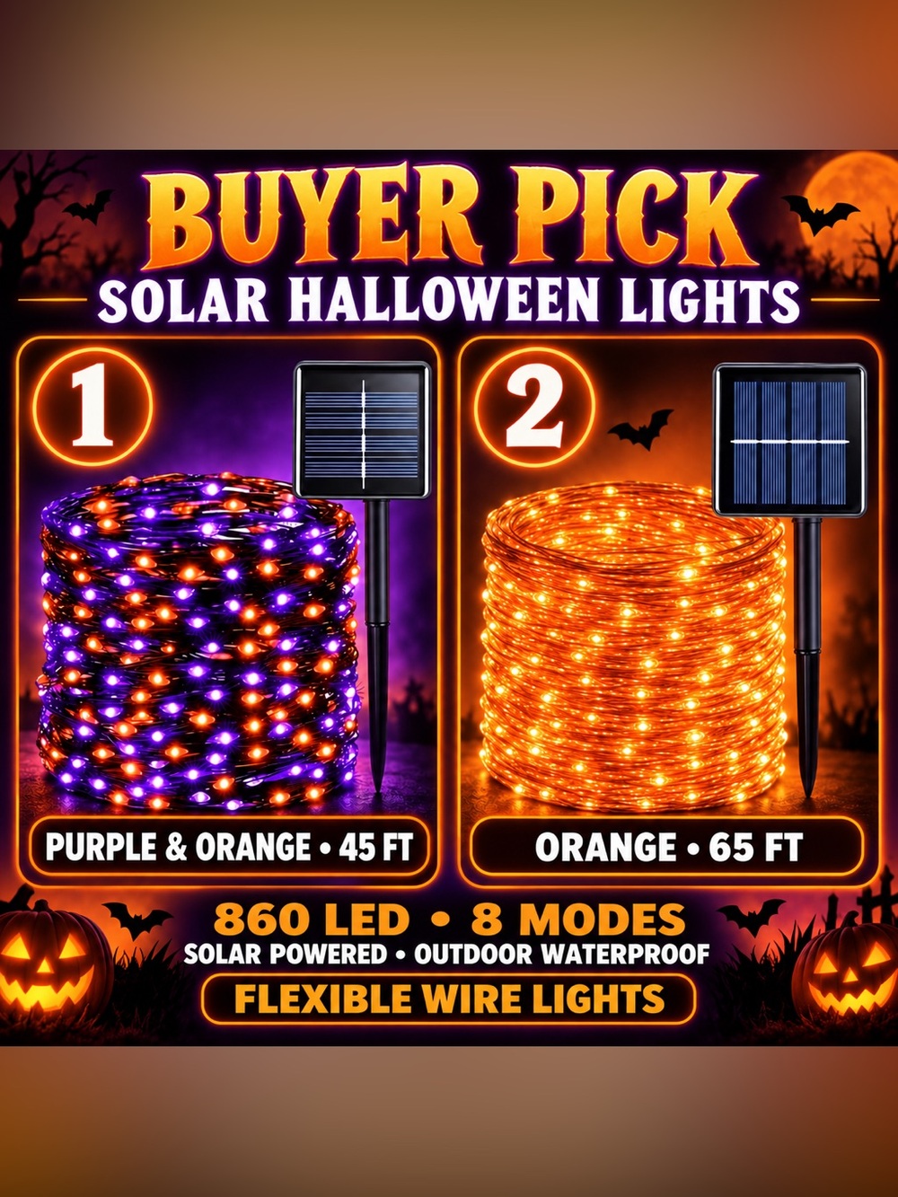 Solar Halloween String Lights - Purple & Orange or Orange (Outdoor, Waterproof)